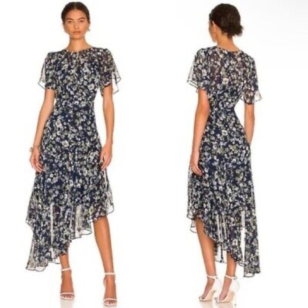 ASTR asymmetri slip dress with sheer navy flowered Overlay, sheer sleeves size S